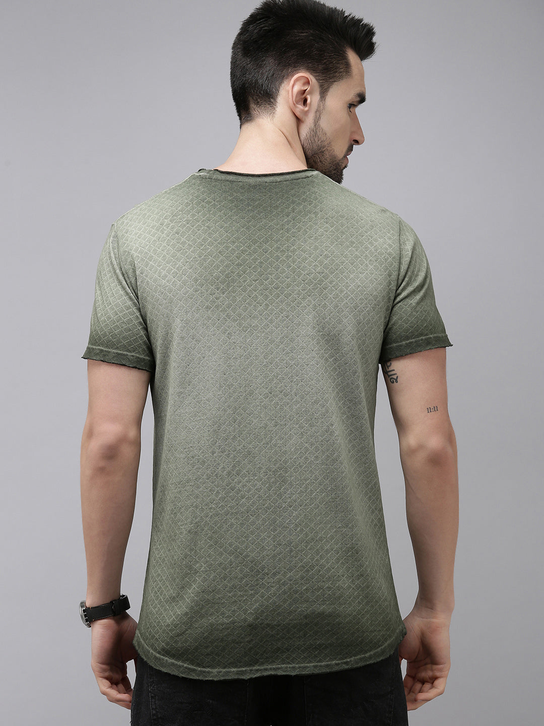 Men Green Cotton Self Design T-Shirt