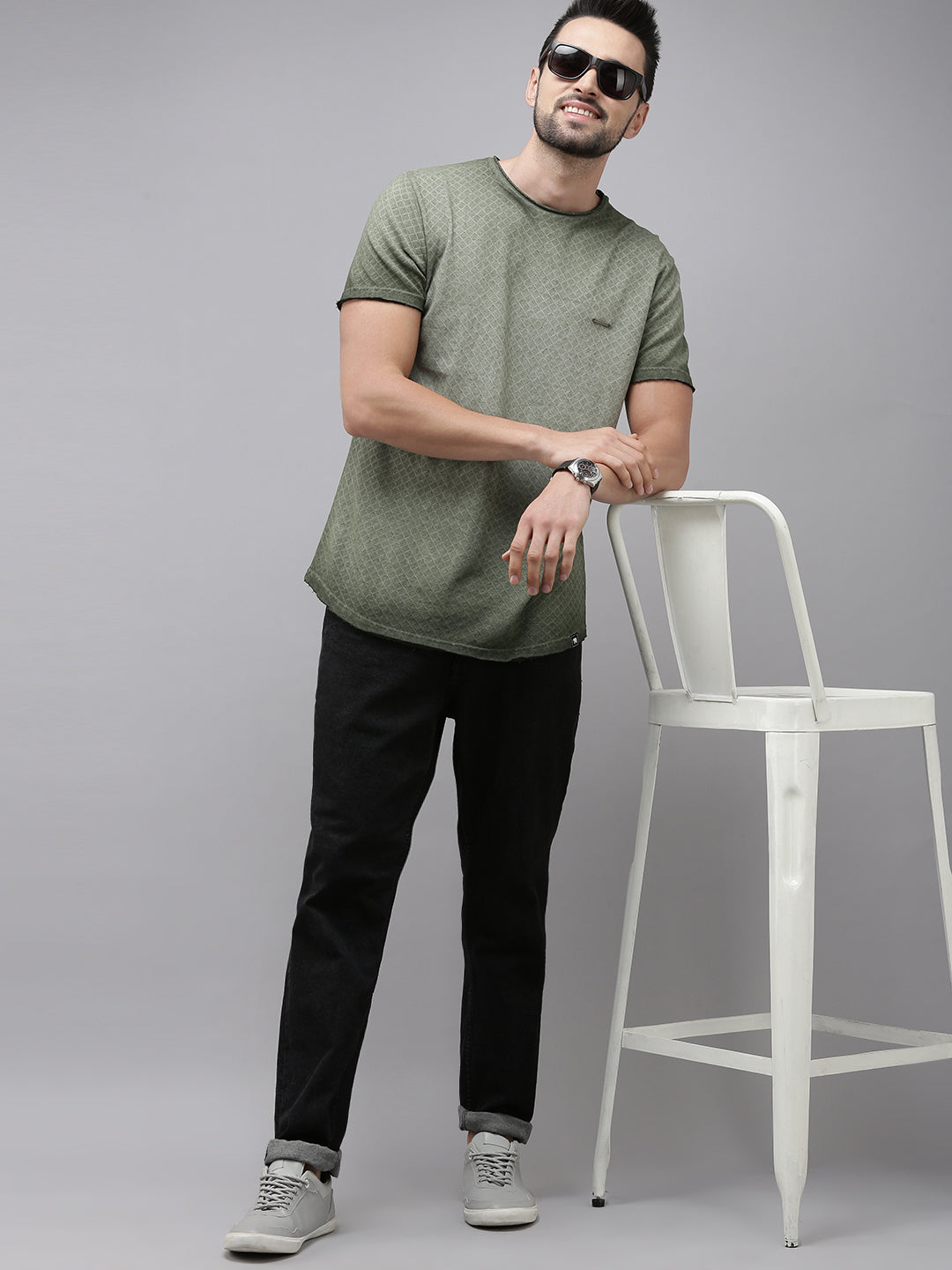 Men Green Cotton Self Design T-Shirt