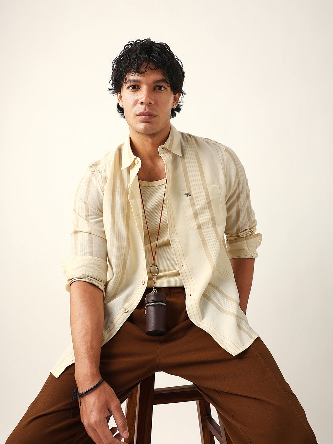 Men Cream Tencel Striped Shirt
