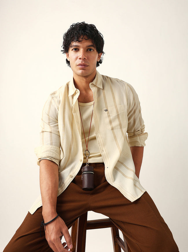 Men Cream Tencel Striped Shirt