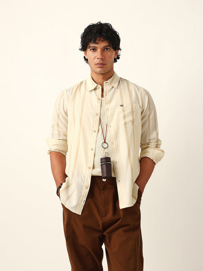 Men Cream Tencel Striped Shirt