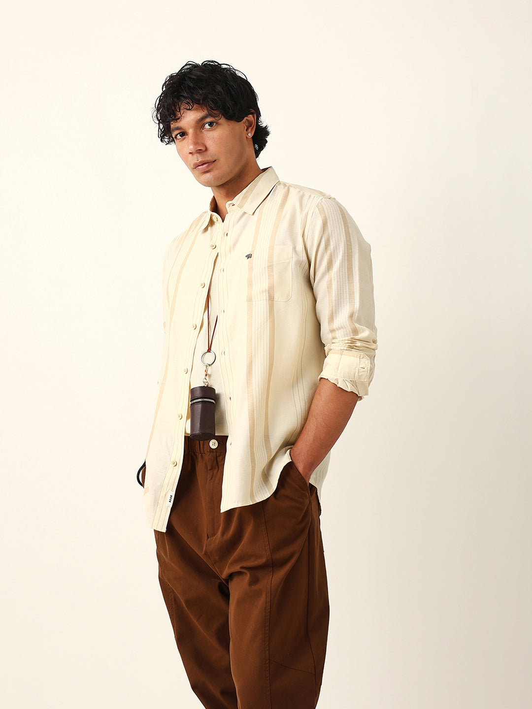 Men Cream Tencel Striped Shirt