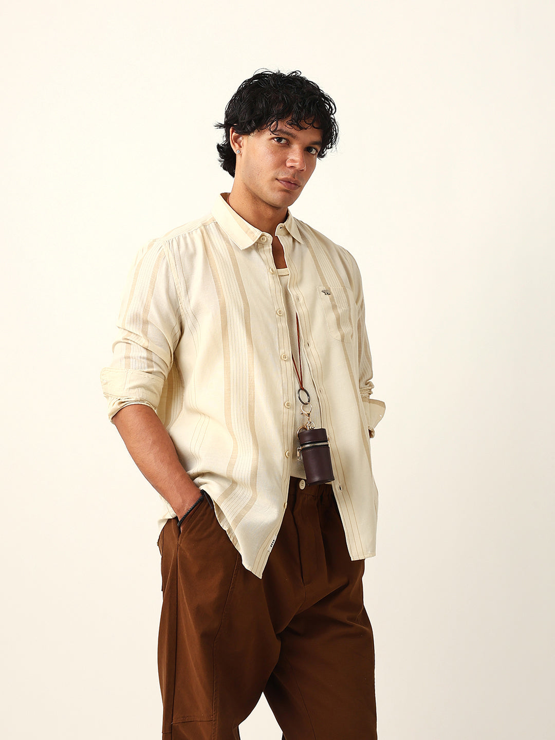 Men Cream Tencel Striped Shirt
