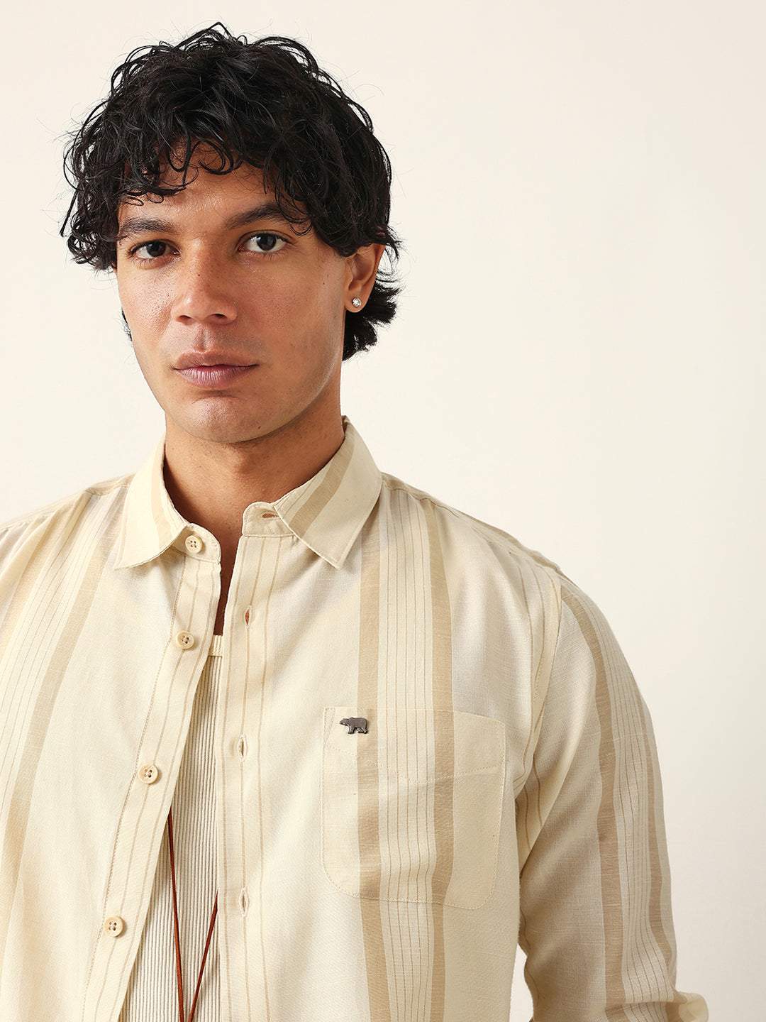 Men Cream Tencel Striped Shirt