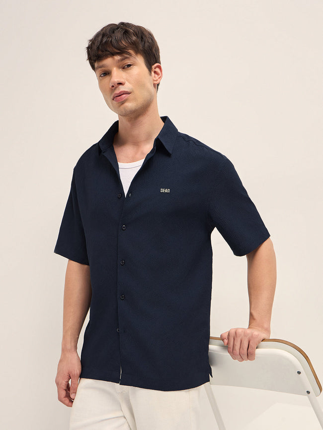 Men Blue Polyester Textured Shirt