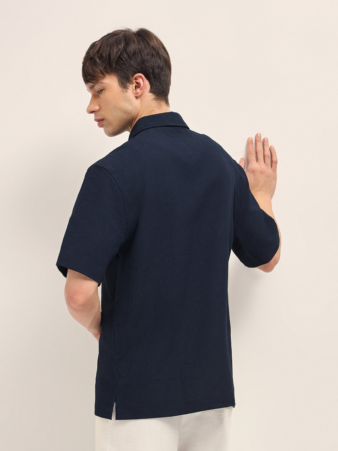 Men Blue Polyester Textured Shirt
