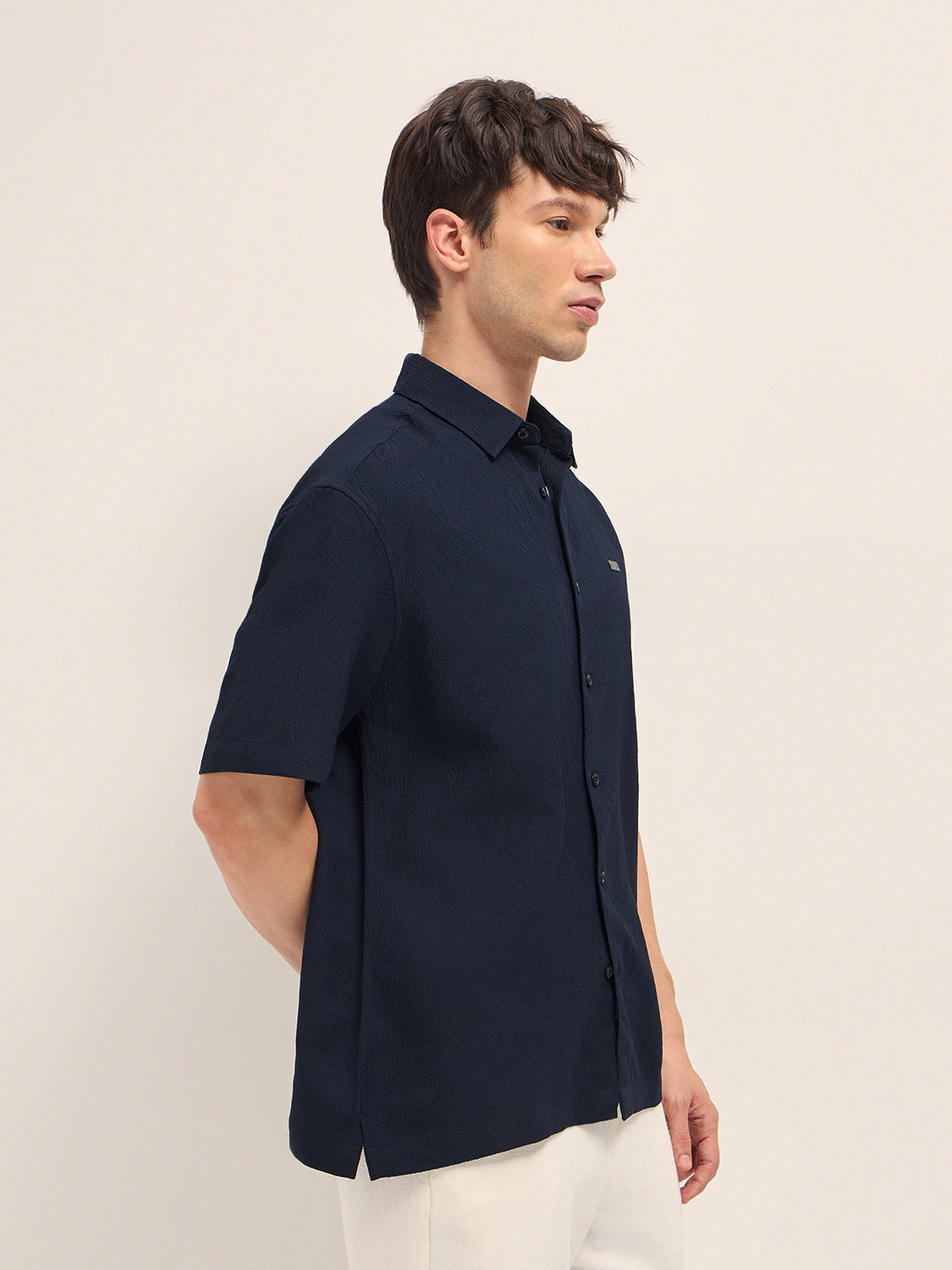 Men Blue Polyester Textured Shirt