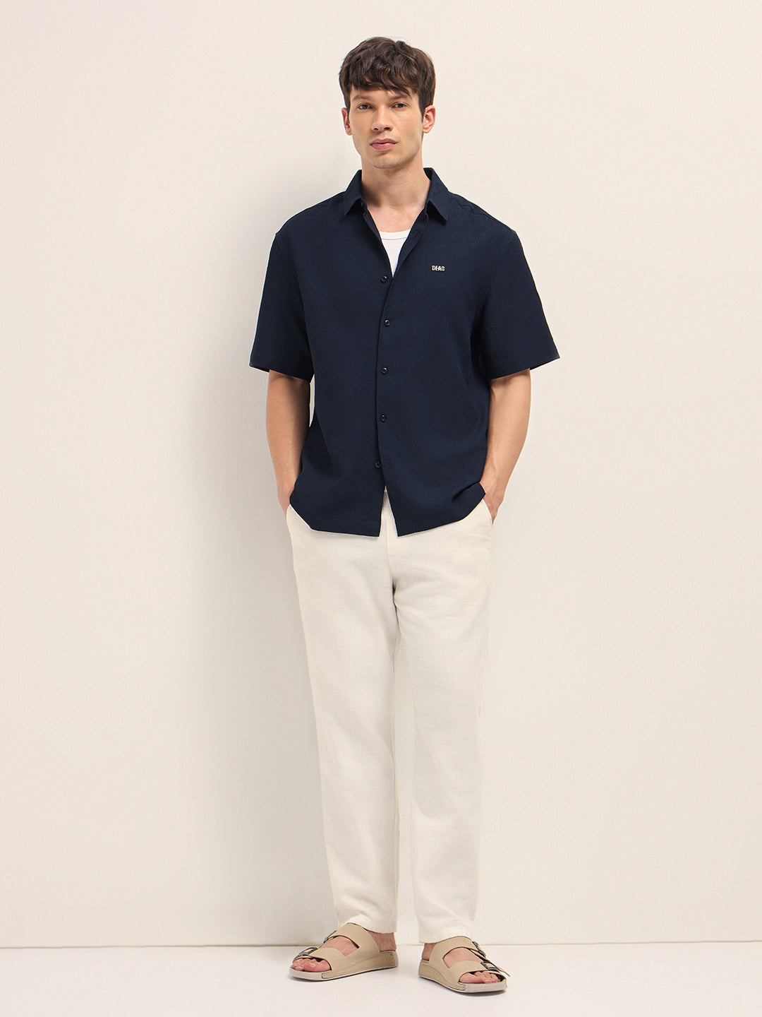 Men Blue Polyester Textured Shirt
