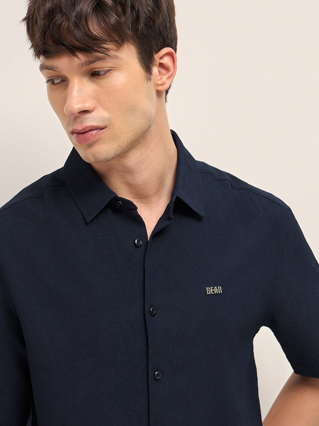 Men Blue Polyester Textured Shirt