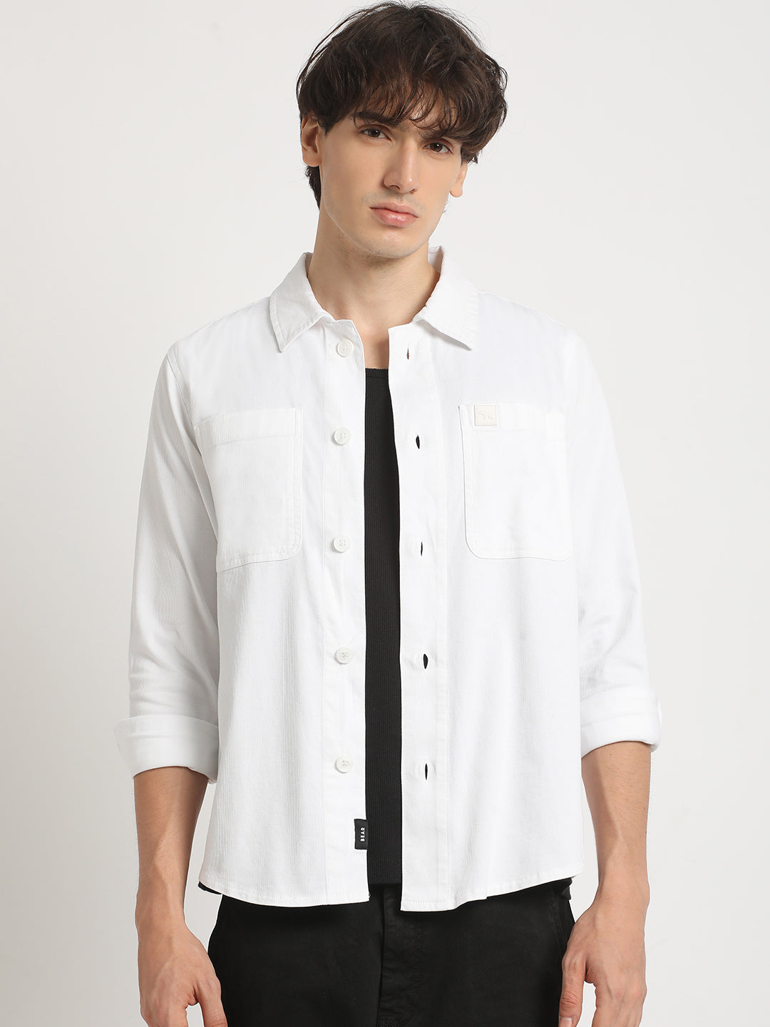 Men  White Solid Regular Fit Cotton Shacket
