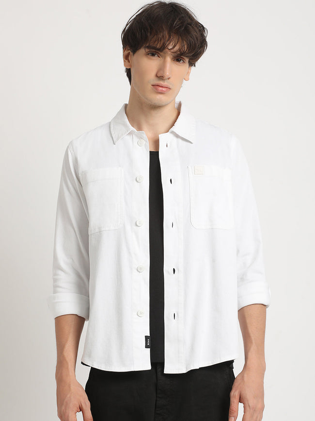 Men  White Solid Regular Fit Cotton Shacket