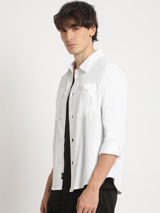 Men  White Solid Regular Fit Cotton Shacket