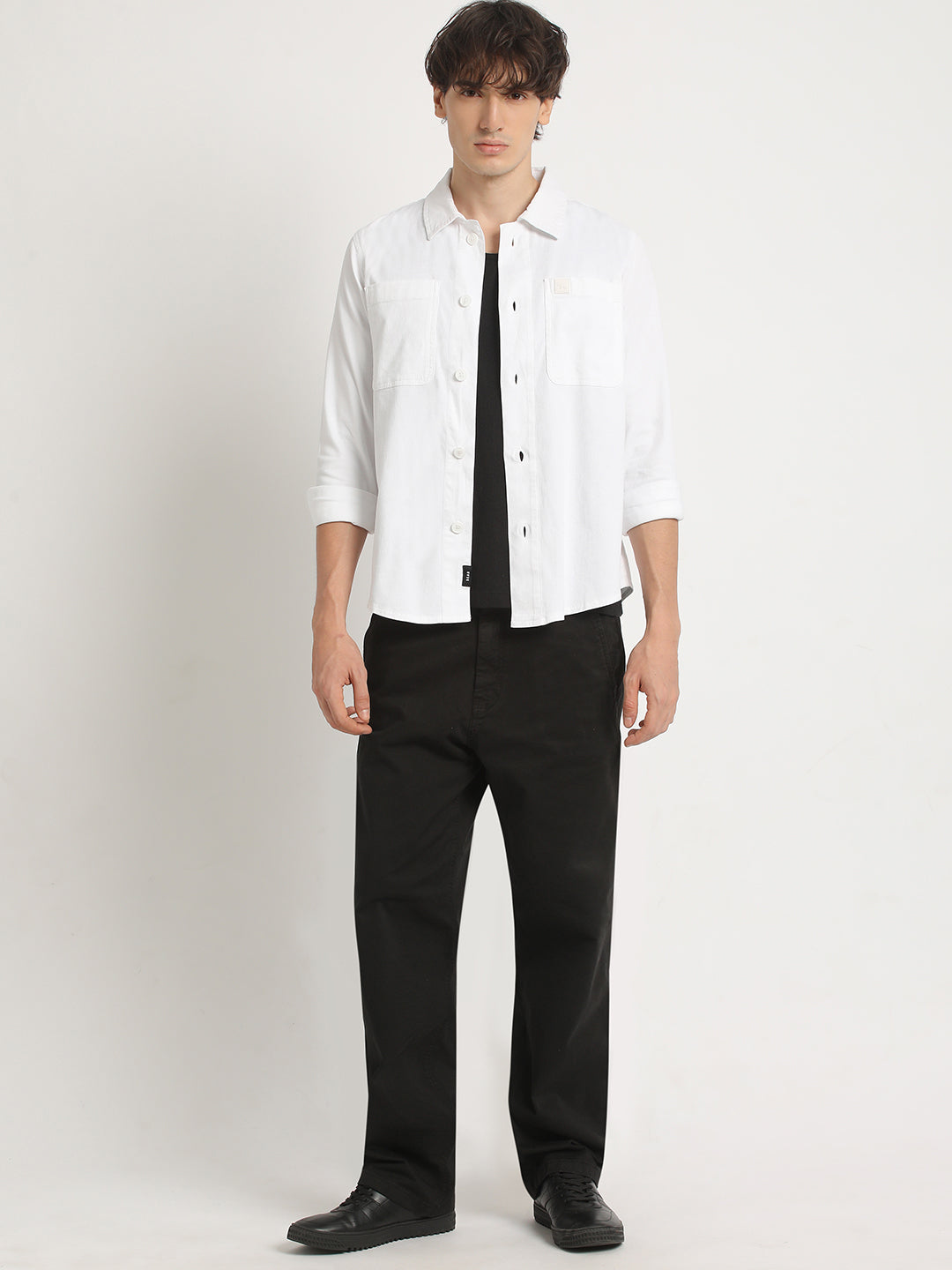 Men  White Solid Regular Fit Cotton Shacket