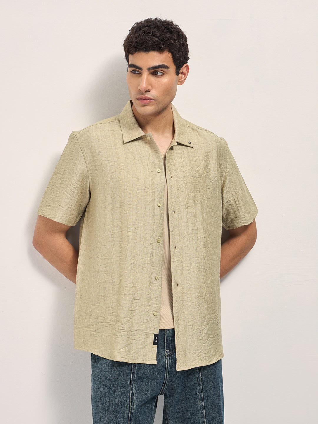 Men Beige Crinkled Textured Regular Fit Half-Sleeve Casual Shirt