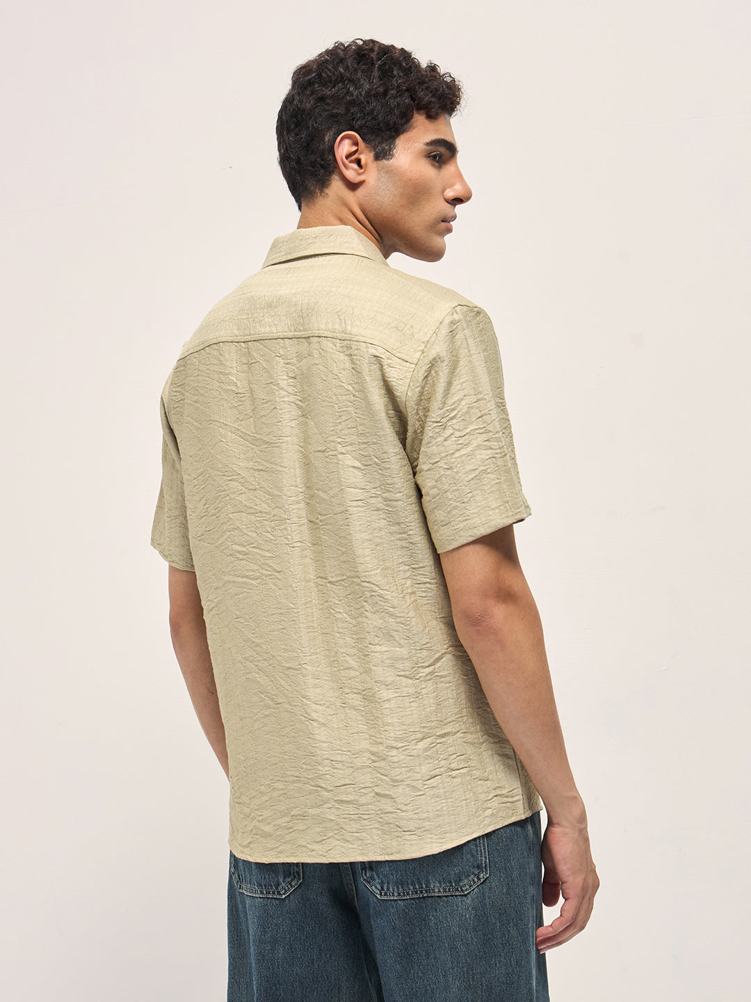 Men Beige Crinkled Textured Regular Fit Half-Sleeve Casual Shirt