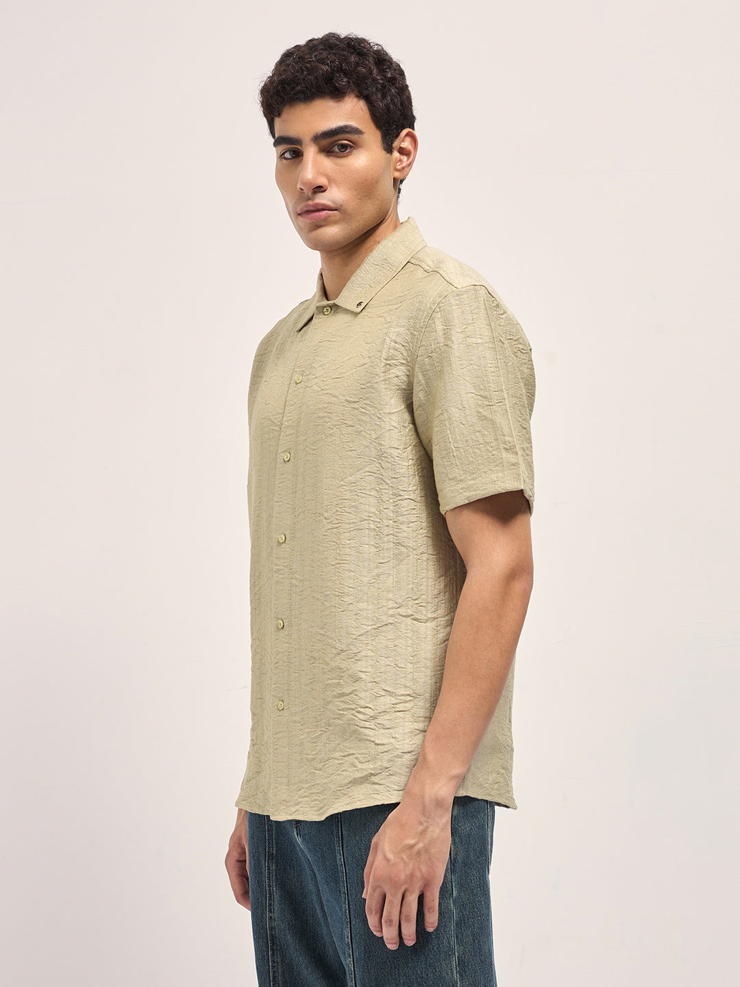Men Beige Crinkled Textured Regular Fit Half-Sleeve Casual Shirt