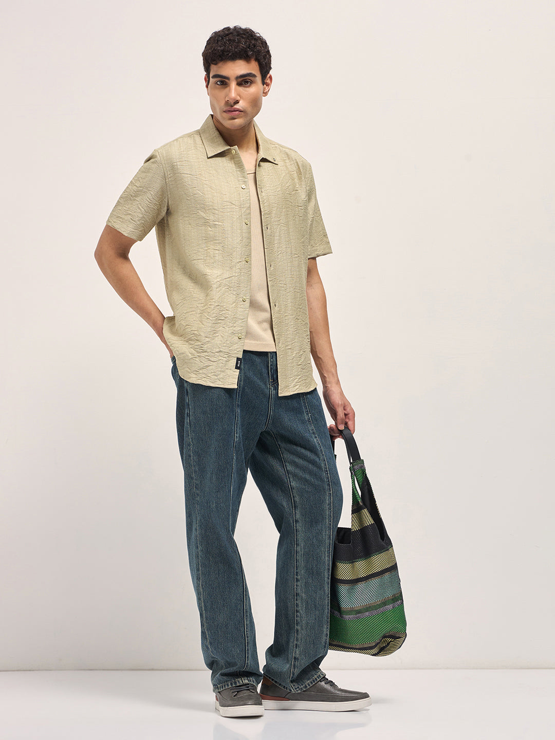 Men Beige Crinkled Textured Regular Fit Half-Sleeve Casual Shirt