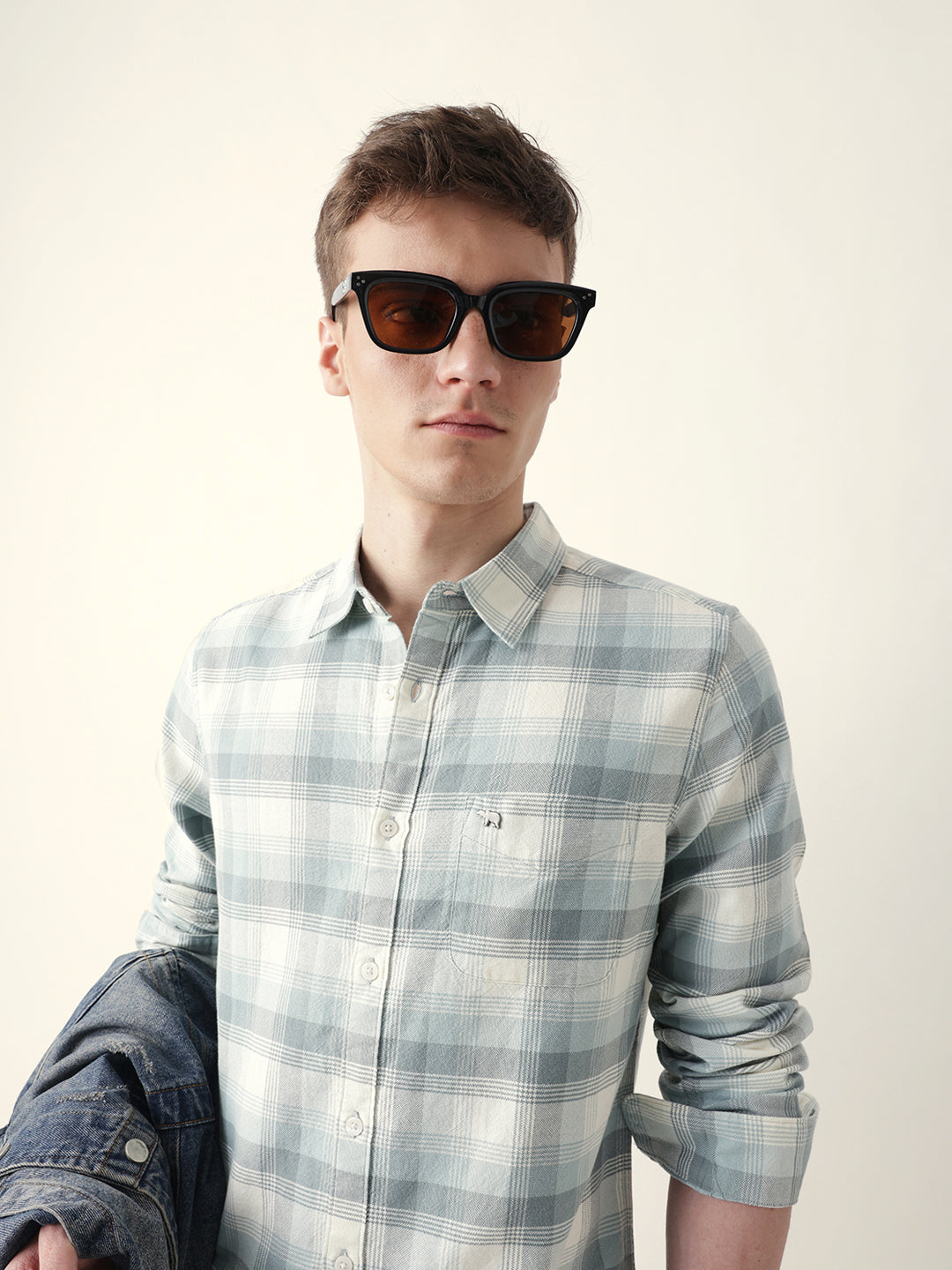 Men Casual Grey Plaid Flannel Shirt