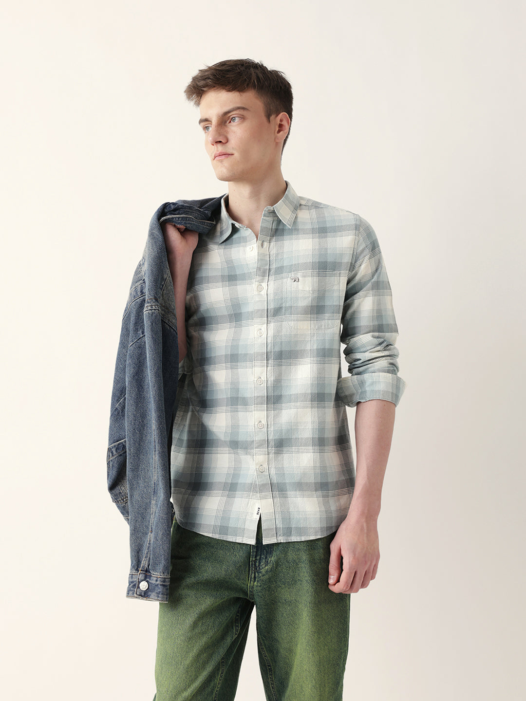 Men Casual Grey Plaid Flannel Shirt