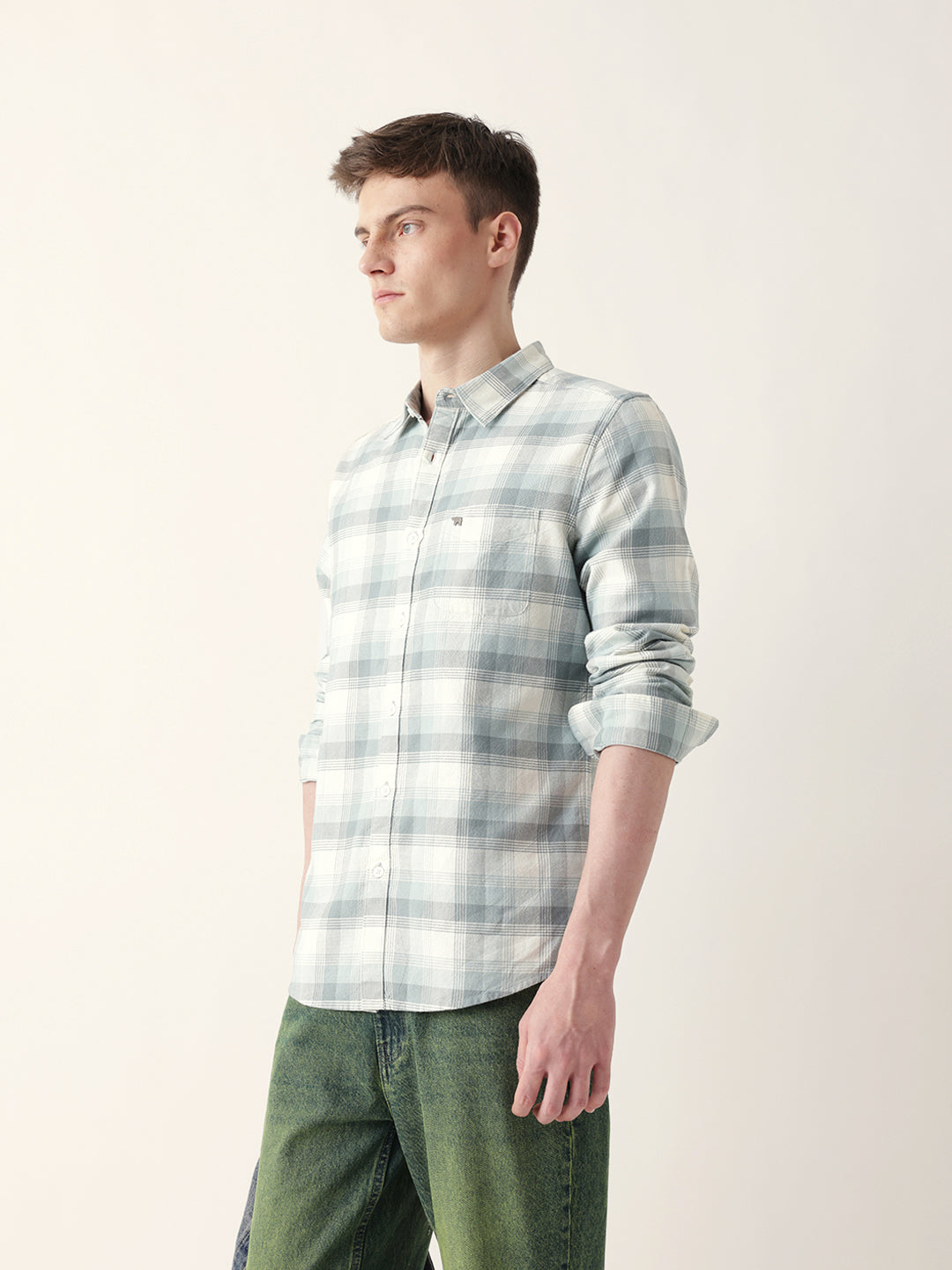 Men Casual Grey Plaid Flannel Shirt