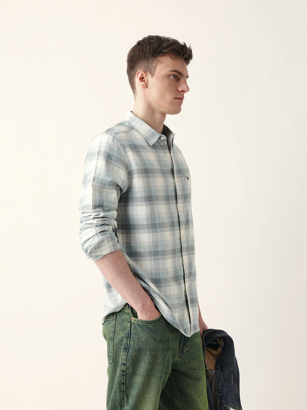 Men Casual Grey Plaid Flannel Shirt