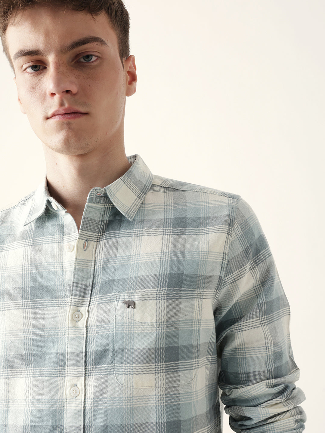 Men Casual Grey Plaid Flannel Shirt