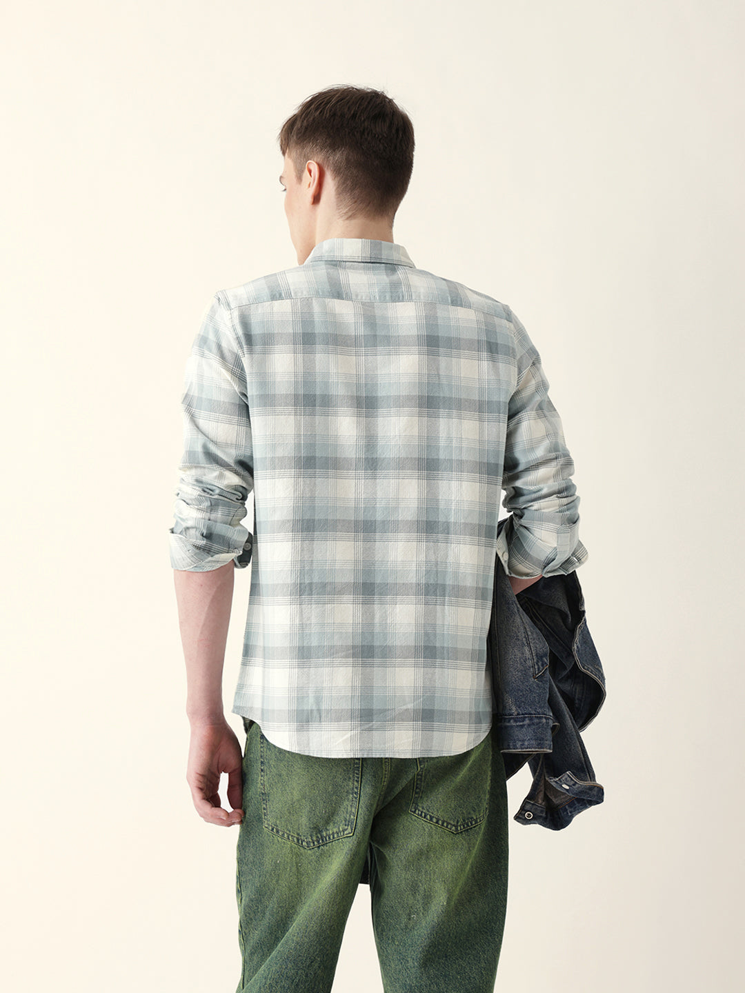 Men Casual Grey Plaid Flannel Shirt