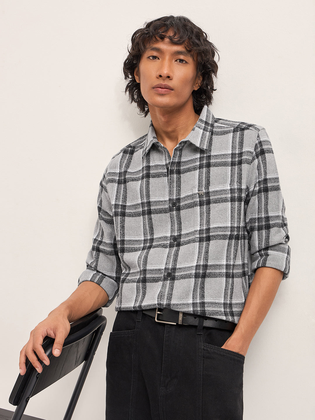 Men Grey Tartan Checked Flannel Slim Fit Casual Shirt