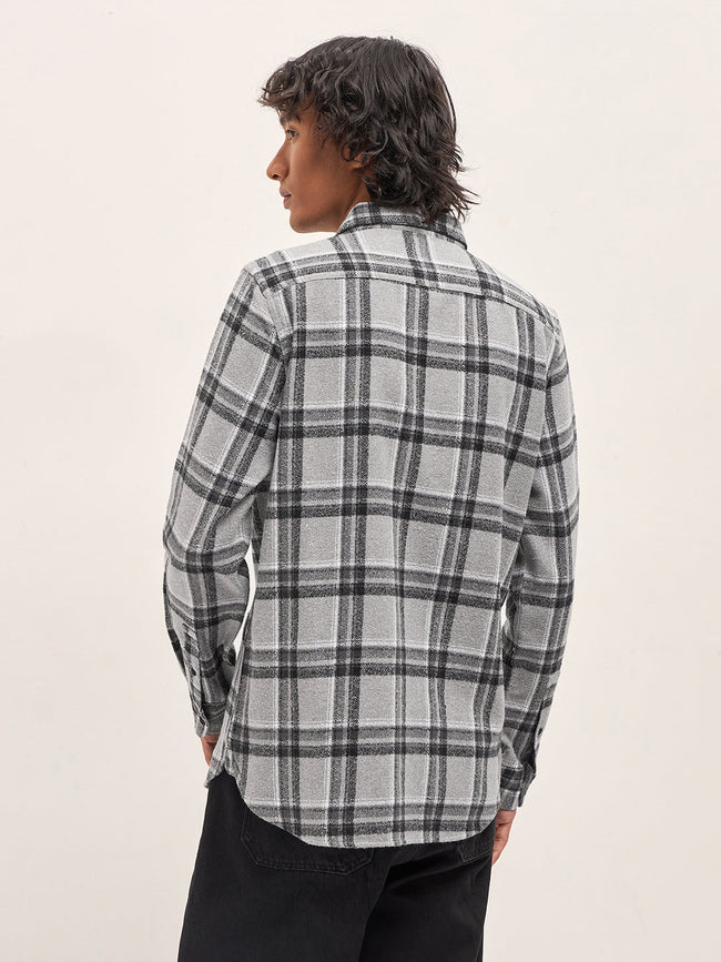 Men Grey Tartan Checked Flannel Slim Fit Casual Shirt