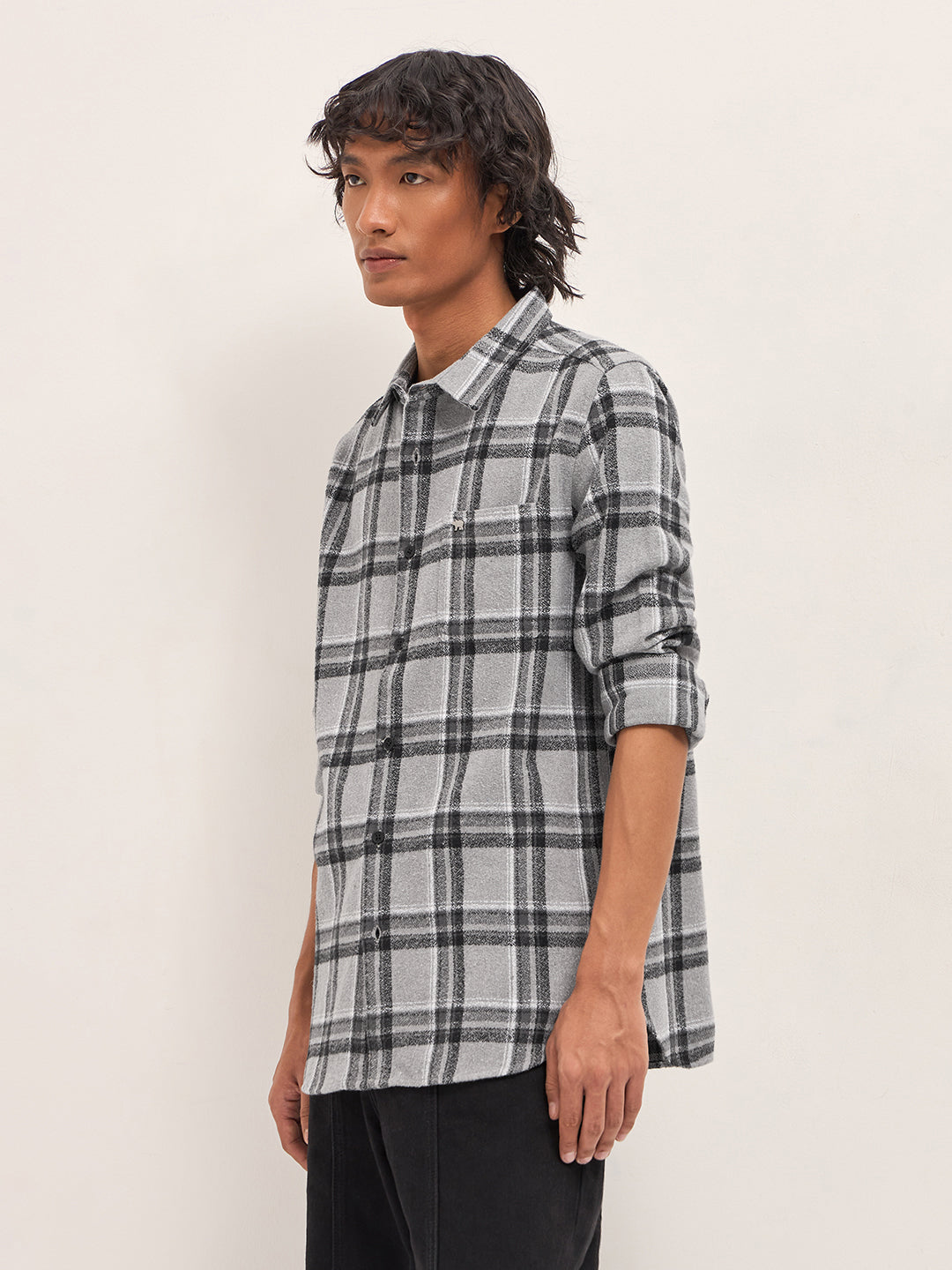 Men Grey Tartan Checked Flannel Slim Fit Casual Shirt