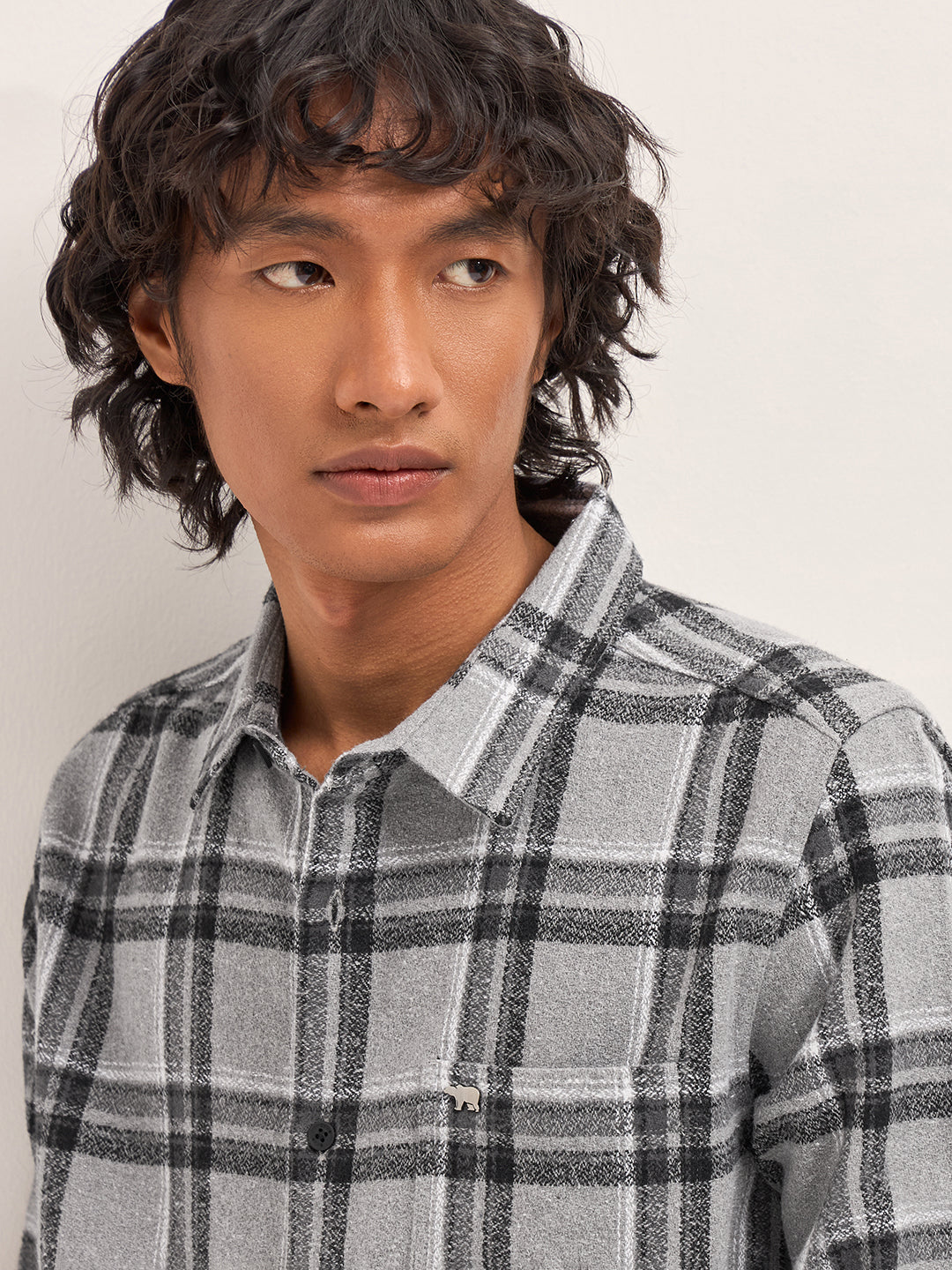 Men Grey Tartan Checked Flannel Slim Fit Casual Shirt