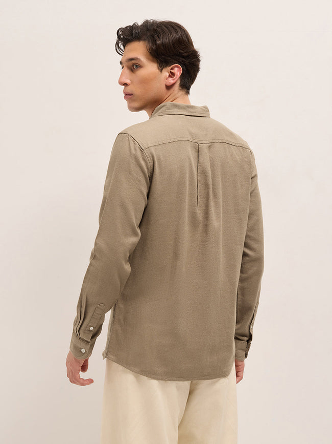 Men Beige Solid Slim Fit Cotton Casual Shirt