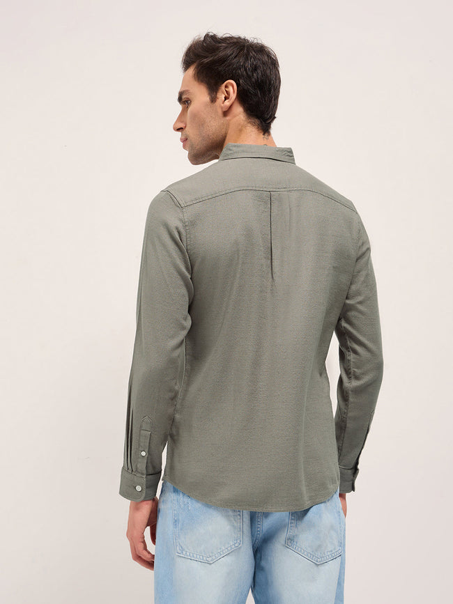 Men Green Solid Slim Fit Cotton Casual Shirt