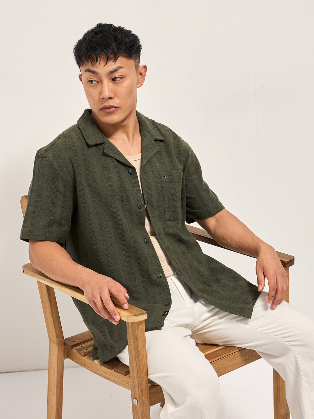 Men Green Textured Striped Regular Fit Casual Shirt