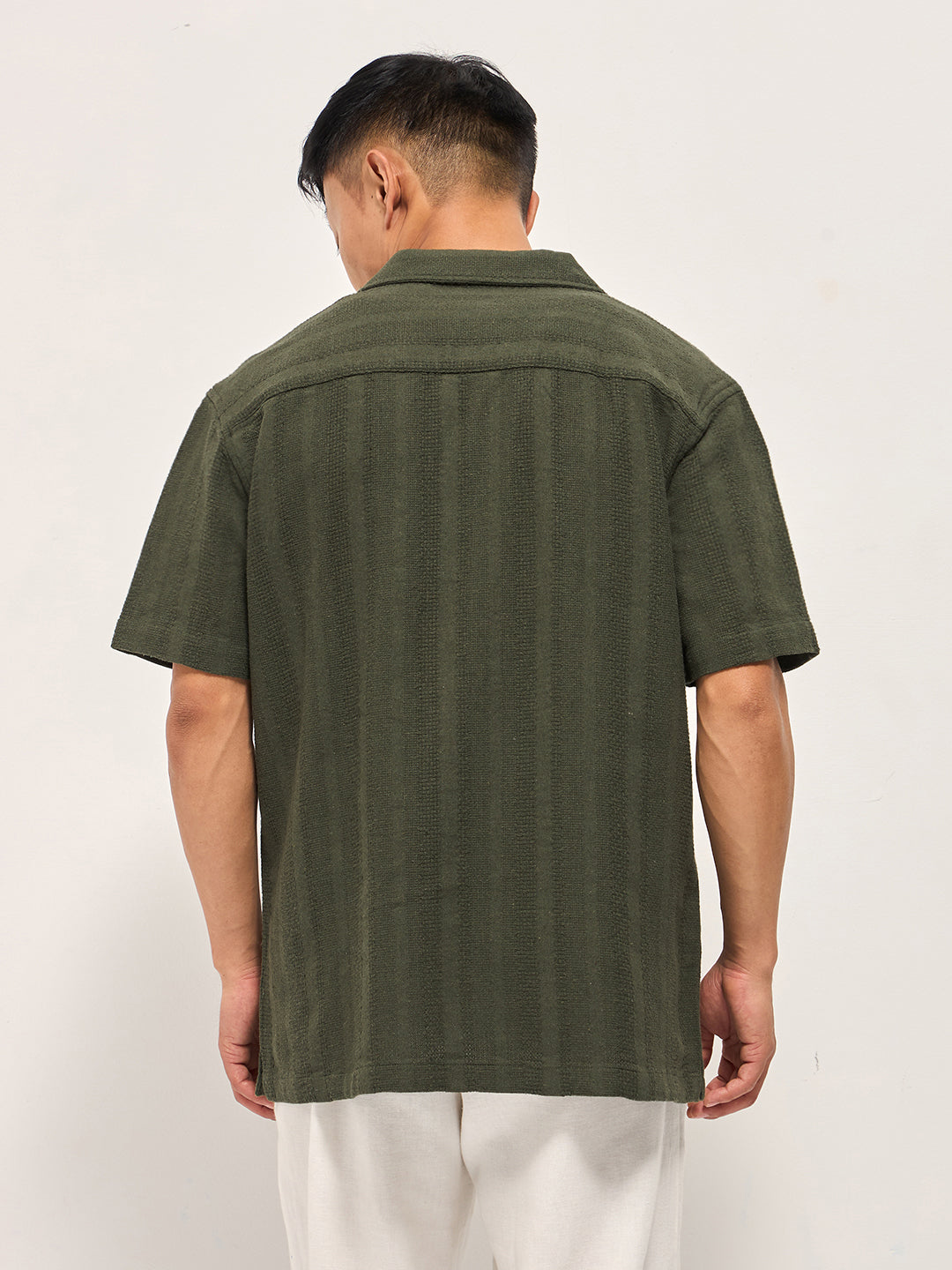 Men Green Textured Striped Regular Fit Casual Shirt