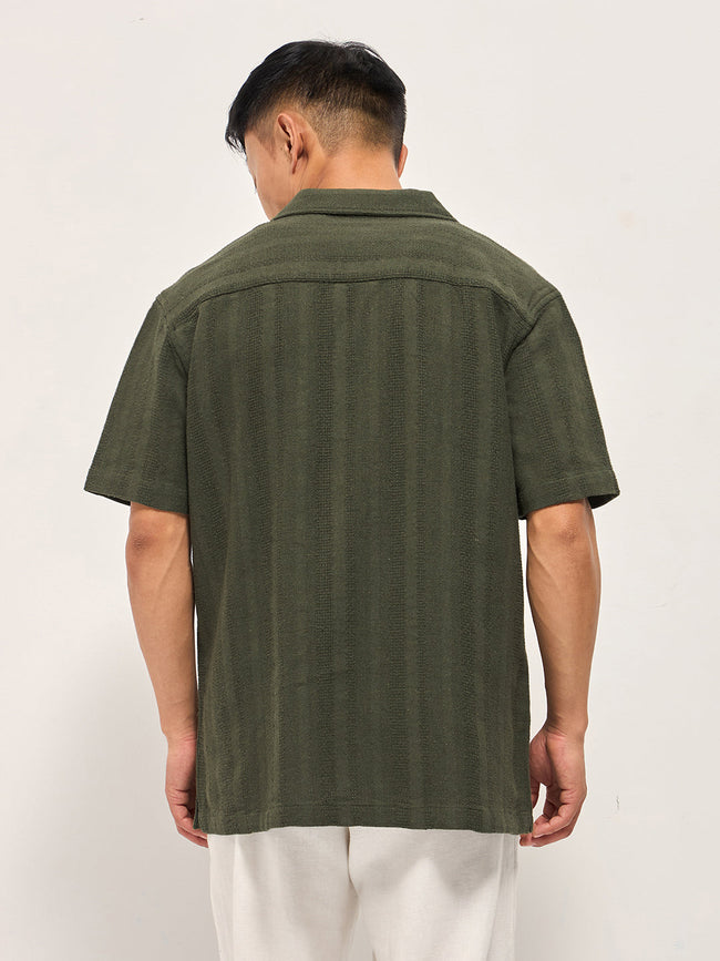 Men Green Textured Striped Regular Fit Casual Shirt