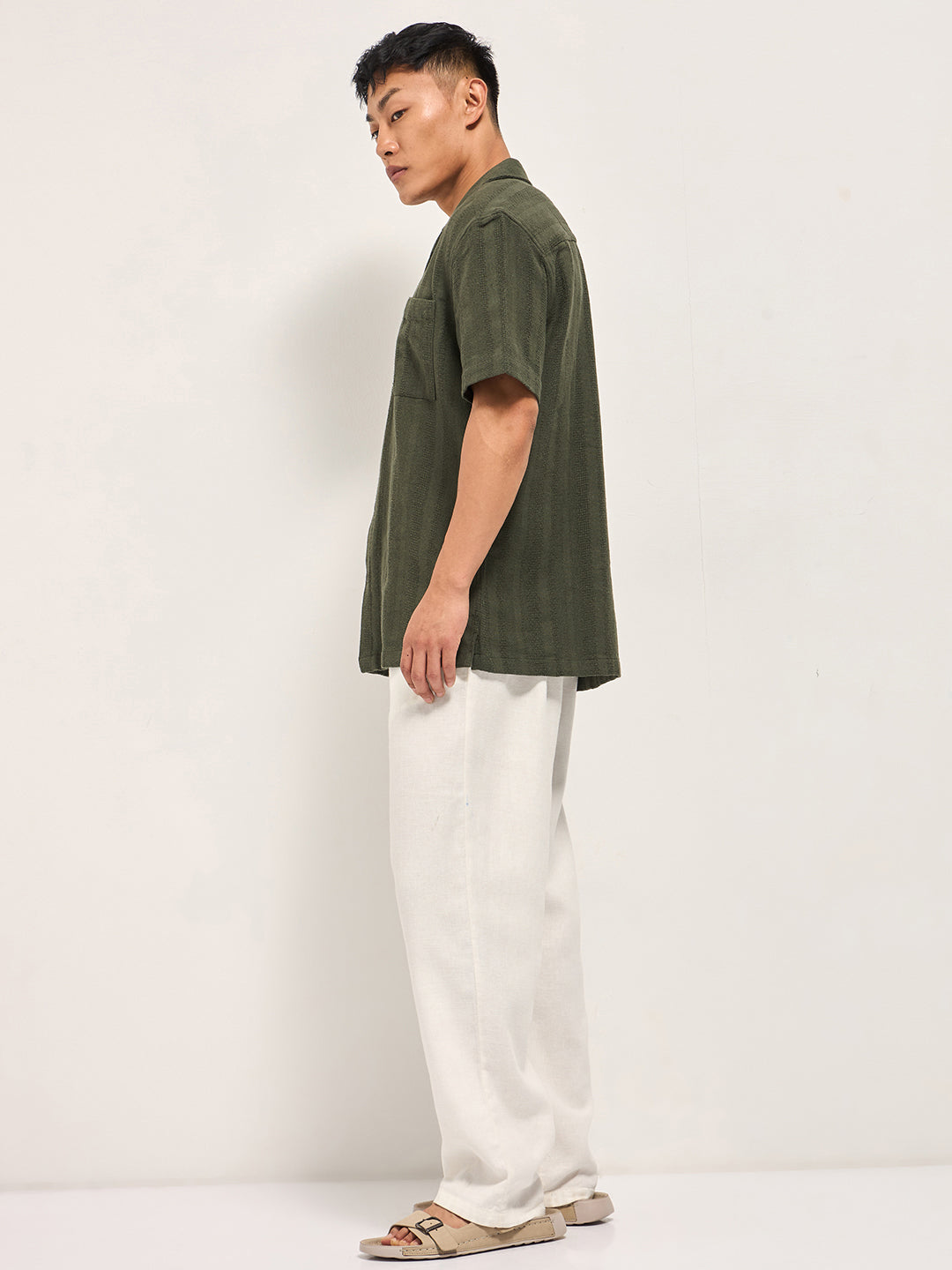 Men Green Textured Striped Regular Fit Casual Shirt