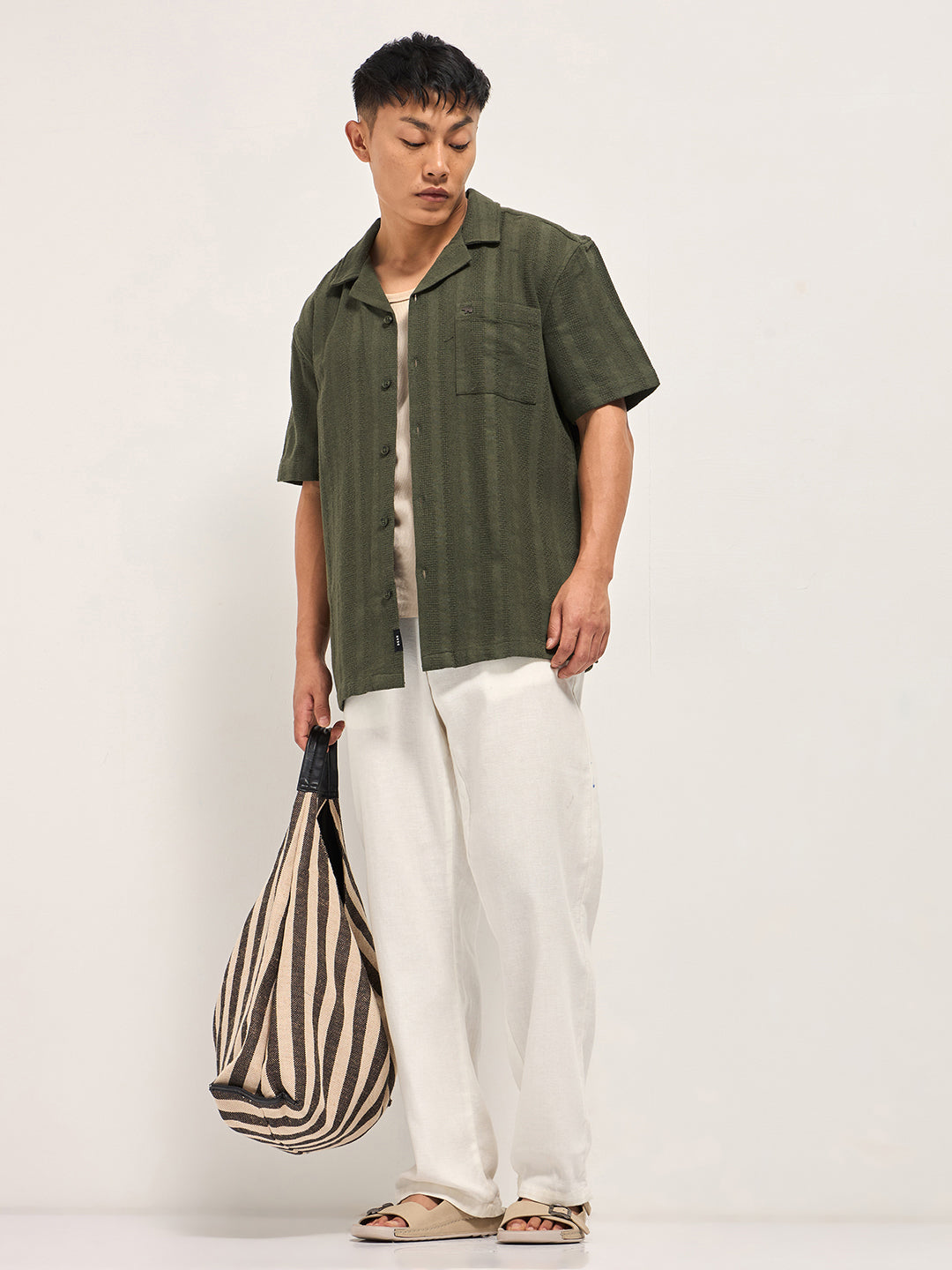 Men Green Textured Striped Regular Fit Casual Shirt