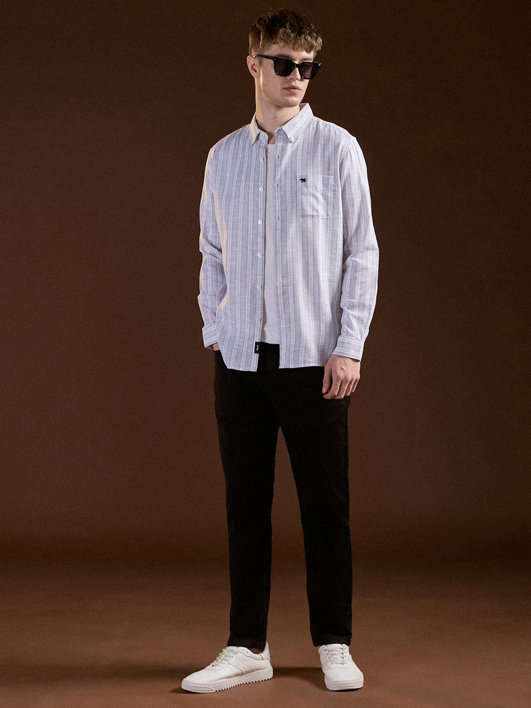 Men Grey Vertical Stripes Slim Fit Casual Shirt