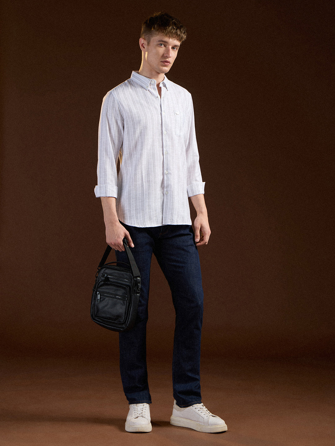 Men White Vertical Stripes Slim Fit Casual Shirt