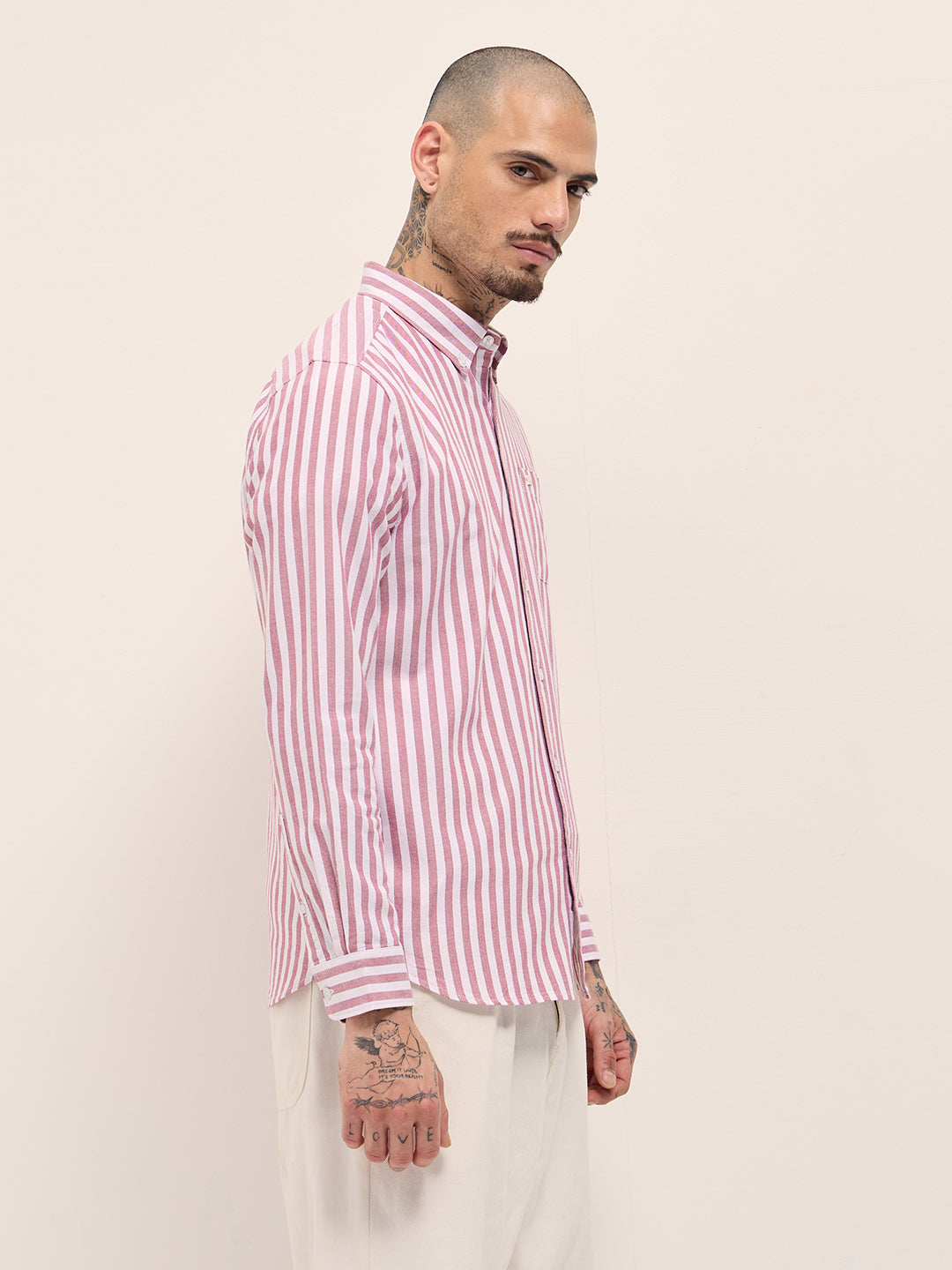 Men Red & White Vertical Stripes Slim Fit Casual Shirt