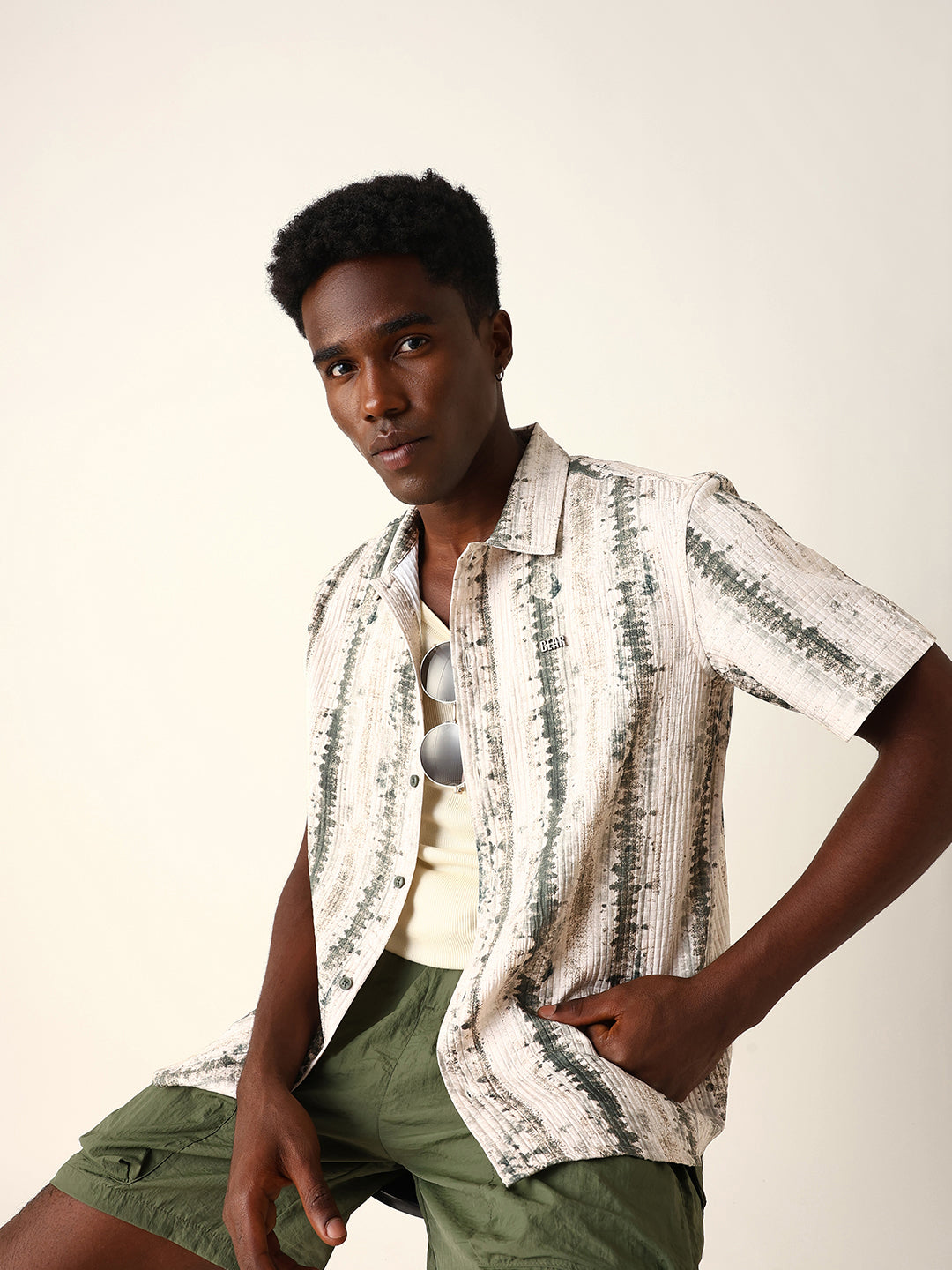 Men Green Polyester Self Design Shirt