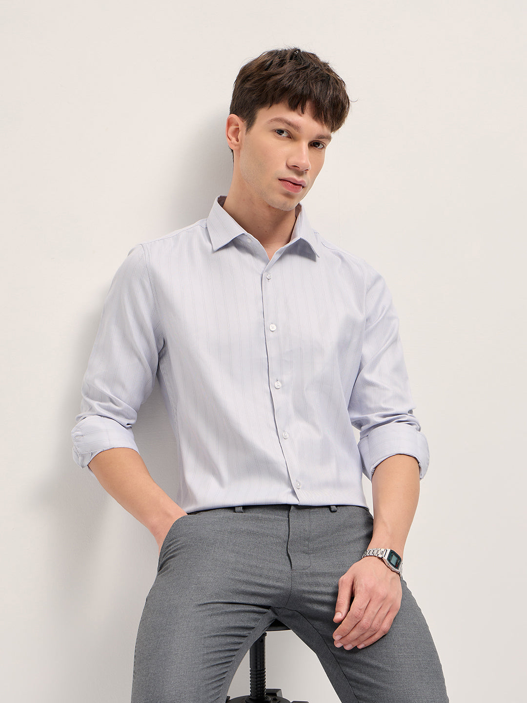 Men Grey Woven Stripe Pattern Tailored Fit Formal Shirt