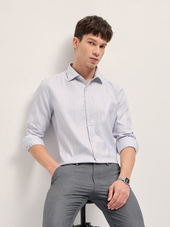 Men Grey Woven Stripe Pattern Tailored Fit Formal Shirt