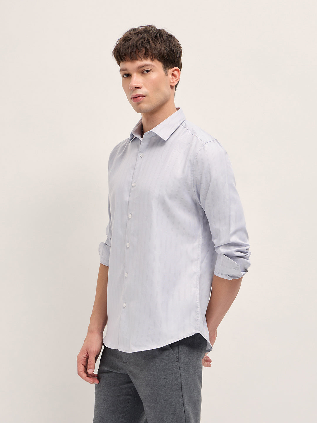 Men Grey Woven Stripe Pattern Tailored Fit Formal Shirt