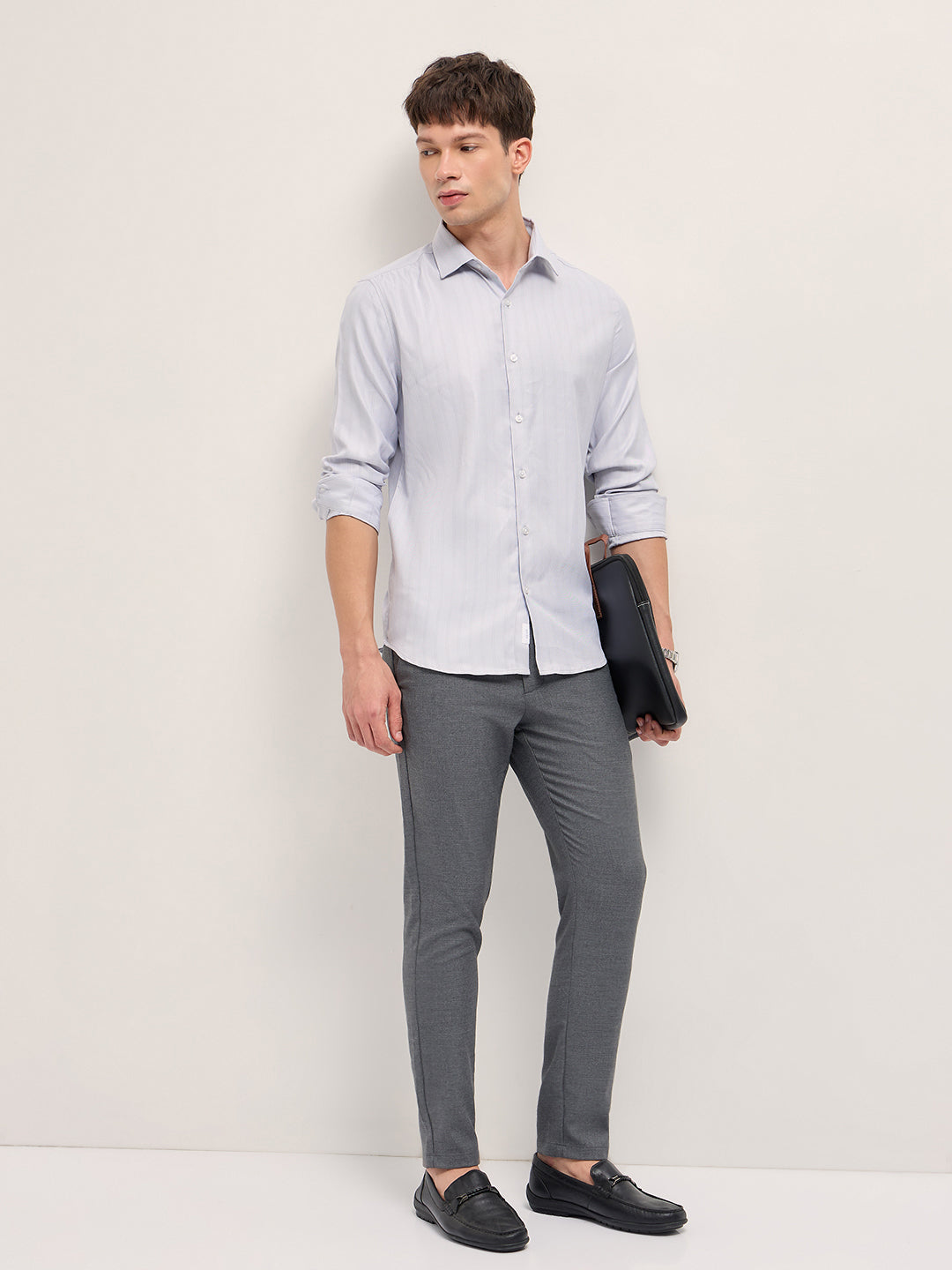 Men Grey Woven Stripe Pattern Tailored Fit Formal Shirt