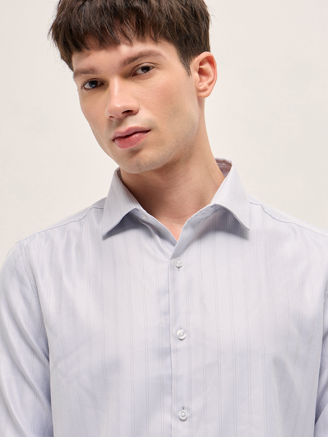 Men Grey Woven Stripe Pattern Tailored Fit Formal Shirt