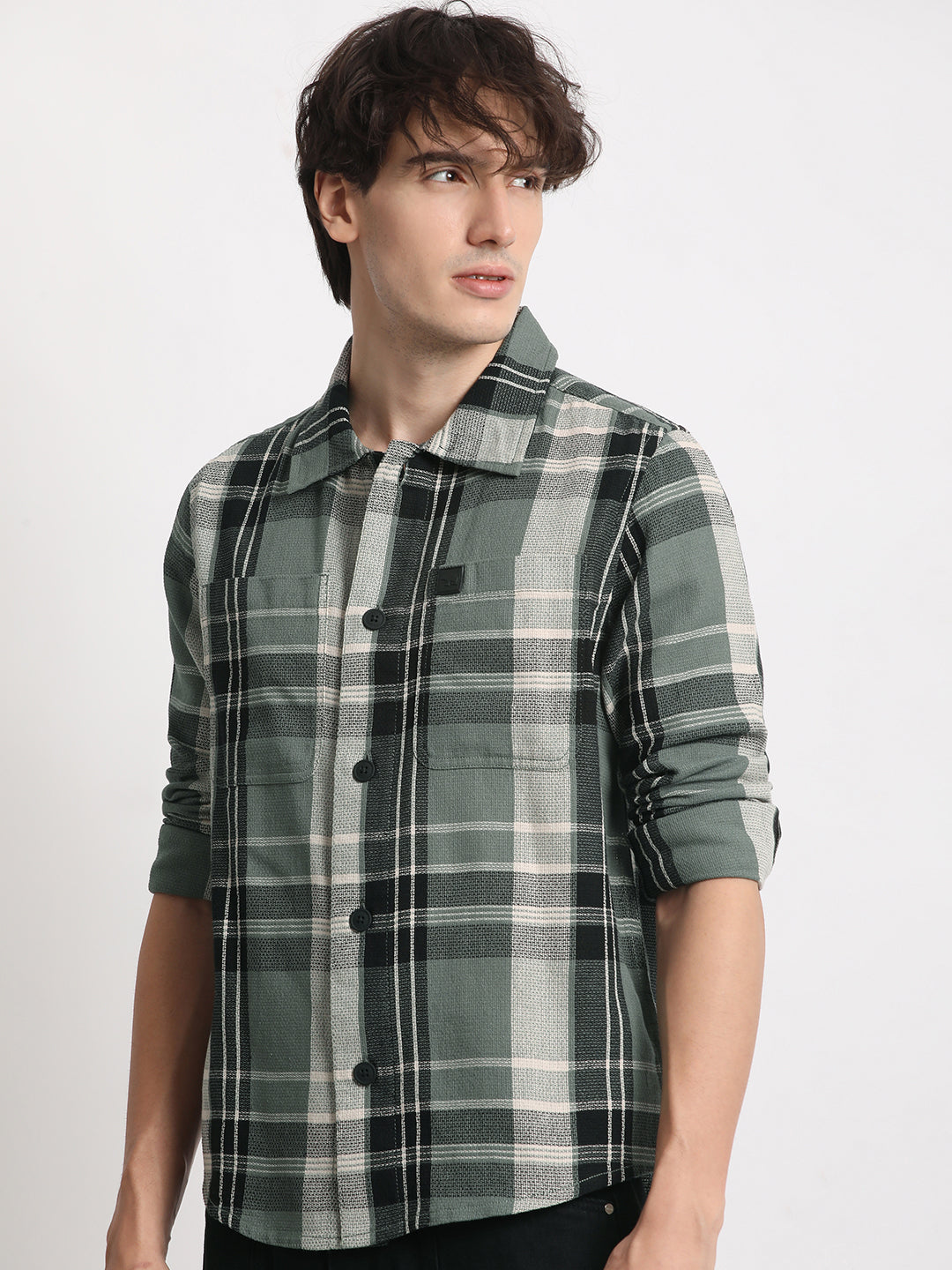Men Green Checked Regular Fit Cotton Shacket