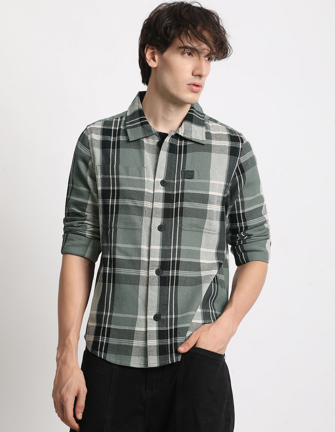 Men Green Checked Regular Fit Cotton Shacket