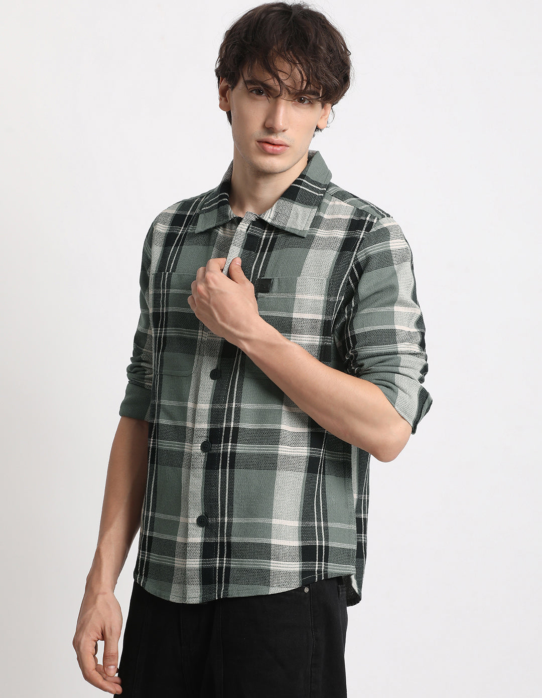 Men Green Checked Regular Fit Cotton Shacket